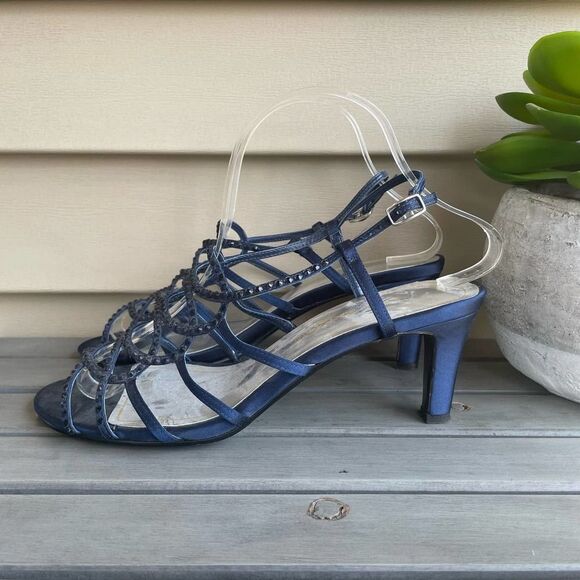 Vintage Caparros Navy Studded Formal Heel Women's 8 Strappy Prom Wedding Pump - Picture 1 of 9
